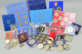 A BOX OF COINS AND COMMEMORATIVES, to include a Festival 1951 Crown, a 1966 silver 100 Peseta, etc