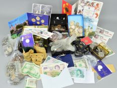 A SELECTION OF COINS AND BANKNOTES, to include 1983 year sets, carded 1983 one pound coins, I.O.M.