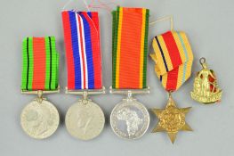 A GROUP OF WWII MEDALS, named to C568057 F. Thompson, Africa Service medal, Africa Star, Defence and