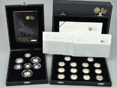 A 2008 ROYAL SHIELD OF ARMS SILVER PIEDFORT PROOF SEVEN COIN SET, together with a 2008 25th