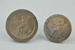 A 1797 PAIR OF TWO AND ONE PENCE COINS, to include a E.F Cartwheel two pence and a fine one penny