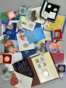 A BOX OF UK COINAGE, medallic and coin cover year sets, to include 7 five pound coins, some in