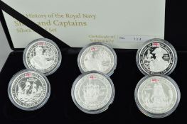A GUERNSEY ROYAL MINT BOXED HISTORY OF THE ROYAL NAVY SHIPS AND CAPTAINS SIX COIN SILVER PROOF