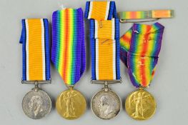 TWO PAIRS OF WWI BRITISH WAR & VICTORY MEDALS, with a BWM/Vic ribbon bar, the medals are named to