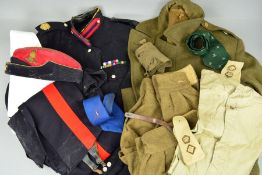 A LARGE BOX CONTAINING VARIOUS ITEMS OF BRITISH MILITARY UNIFORM ITEMS, smock, jacket shirt tie,