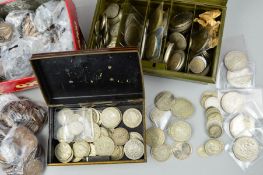 THREE TIN BOXES CONTAINING UK COINAGE, with approximately 1.2 kilos of silver coins .925 an .500, to