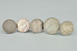 A SMALL GROUP OF SILVER COINS, to include Anne halfcrown 1712 undercimo edge, George II halfcrown