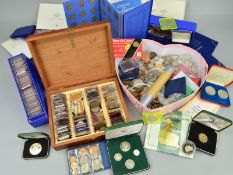 A LARGE BOX OF ASSORTED COINS, Whitman folders containing silver coins, to include a wooden box with