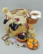 A BOX CONTAINING VARIOUS MILITARY ITEMS, concerning an Officers uniform to include spurs, belts,