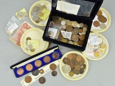 A BOX LID AND BLACK BOX OF ASSORTED COINS