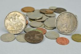 A PLASTIC BAG CONTAINING TWO VICTORIA CROWNS 1888, 1889, with some assorted coins