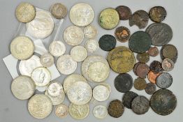 A BISCUIT TIN CONTAINING TWO PACKETS OF COINS, one with low vase Roman coins with Diva Faustina