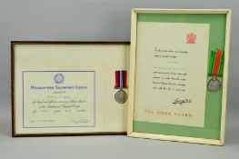 TWO FRAMES CONTAINING THE FOLLOWING WWII DEFENCE MEDAL AND SCROLL, named to John R. Rutter, 1940-
