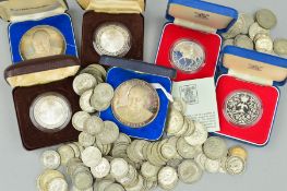 A BOX CONTAINING MAINLY SILVER COINS AND SILVER COMMEMORATIVES, to include over 800 grams of pre