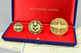 A CASED SET OF GOLD MEDALS, Battle of Britain three medal set of 18K approximately 1.944 troy