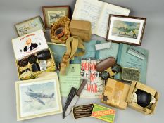 A BOX CONTAINING A NUMBER OF MILITARY/AIRCRAFT RELATED ITEMS, to include 4 x Aircraft framed prints,