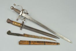 TWO MIDDLE EASTERN STYLE BLADED WEAPONS, a short sword with ornate hand guard and scrolled design on