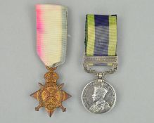 A WWI 1914 STAR, named to 6500 Pte W.G. Smith 7th Hussars and an Indian General Service medal, bar