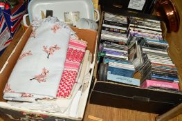 THREE BOXES SUNDRIES, to include linen items, CD's and DVD's, kitchen wares etc
