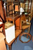 A REPRODUCTION OAK JOINT STOOL, an oak barley twist occasional table, two mirrors, a mahogany nest