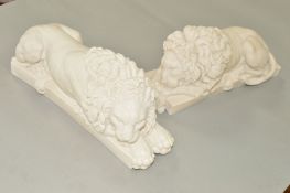 A PAIR OF REPRODUCTION WHITE MARBLE EFFECT RESIN RECUMBANT LION FIGURES, length 31cm