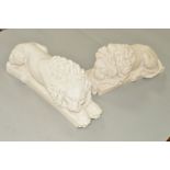 A PAIR OF REPRODUCTION WHITE MARBLE EFFECT RESIN RECUMBANT LION FIGURES, length 31cm