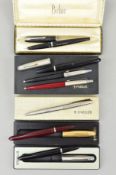 SEVEN PENS, mainly Parker pens, to include fountain and ballpoint pends, five with cases