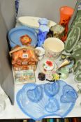 A SMALL COLLECTION OF GLASS AND CERAMICS, to include a vintage glass dressing table set, a white