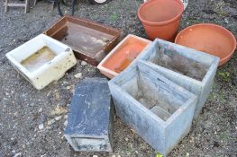 TWO VINTAGE BELFAST SINKS, three concrete planters and three terracotta planters (8)