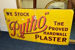 AN EARLY 20TH CENTURY ENAMEL SIGN READING, We Stock Pytho, the proved Hardwall Plaster, width 84cm x