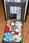 A BOX AND LOOSE SUNDRIES, PICTURE FRAME, CERAMICS, ETC, to include signed Sir Garfield Sobers framed