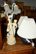 FIVE VARIOUS TABLE LAMPS including female scantily clad figural lamp