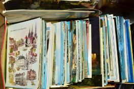 A TIN OF ASSORTED POSTCARDS, mostly colour, British and Foreign topographical