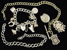 A CHARM BRACELET, AN ALBERT CHAIN AND A CHAIN, the curb link charm bracelet suspending eight