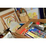 TWO BOXES OF ARTIST'S MATERIALS, including paints, canvasses, wooden pallets, etc and a boxed wooden