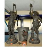 A PAIR OF SPELTER SCULPTURES OF CAVALIERS HOLDING PIKES, both with some damage,, approximate