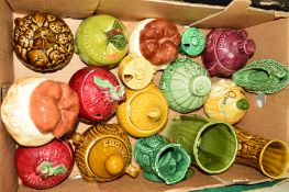 A BOX OF FACE POTS IN THE FORM OF VEGETABLES BY SYLVAC, SADDLER etc, to include 'Chutney', 'Bread