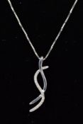A 9CT WHITE GOLD DIAMOND PENDANT NECKLACE, the pendant designed as two overlapping curved lines, one
