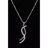 A 9CT WHITE GOLD DIAMOND PENDANT NECKLACE, the pendant designed as two overlapping curved lines, one