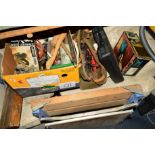 THREE BOXES, A TOOL BOX AND LOOSE containing miscellaneous tools including saws, drills, screws, a