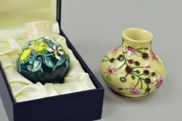 TWO MINIATURE MOORCROFT POTTERY VASES, 'Lemon Tree' pattern, approximate height 5.5cm (boxed) and