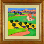RICHARD PARGETER (BRITISH CONTEMPORARY), a stylised French countryside scene, oil on canvas,
