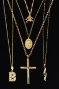 FIVE PENDANT NECKLACES, to include a cross, a St Christopher, a double dolphin and a tapered