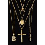 FIVE PENDANT NECKLACES, to include a cross, a St Christopher, a double dolphin and a tapered
