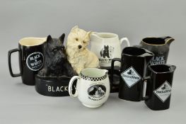 SEVEN 'BLACK AND WHITE' SCOTCH WHISKY ADVERTISING ITEMS, to include Shelley jug, a plastic stand,