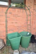 TWO WATER BUTTS and two wire frame garden arbours, ETC (5)