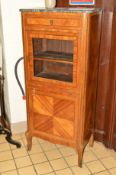 A 19TH CENTURY FRENCH WALNUT AND INLAID GLAZED TWO DOOR CABINET, with grey veined marble top, single