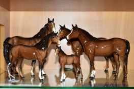 FIVE BESWICK BROWN HORSES, 'Bois Roussel Racehorse' No 0701, second version, 'Swish Tail' No 1182,