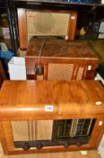 A WALNUT CASED MARINER RADIO, a retro Russell Hobbs alarm bedside light and three other wooden cased