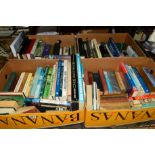 FOUR BOXES OF ASSORTED BOOKS to include works of fiction, history, engineering and atlases etc